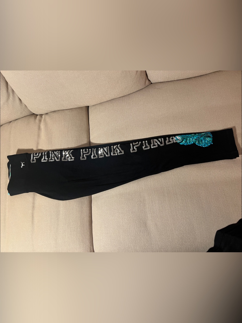 PINK Victoria's Secret Black Leggings with Teal Sequin Heart Accent